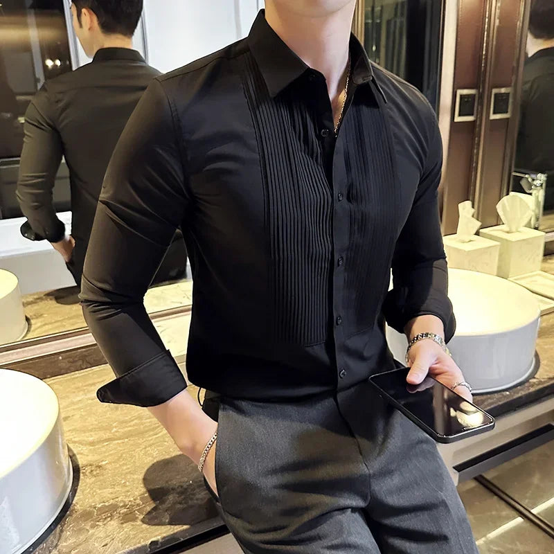 Groom Wedding Party Dress Shirt Men's Fashion Pleated Design Slim Fit Shirt Men Formal Long Sleeved Social Business Tailcoat