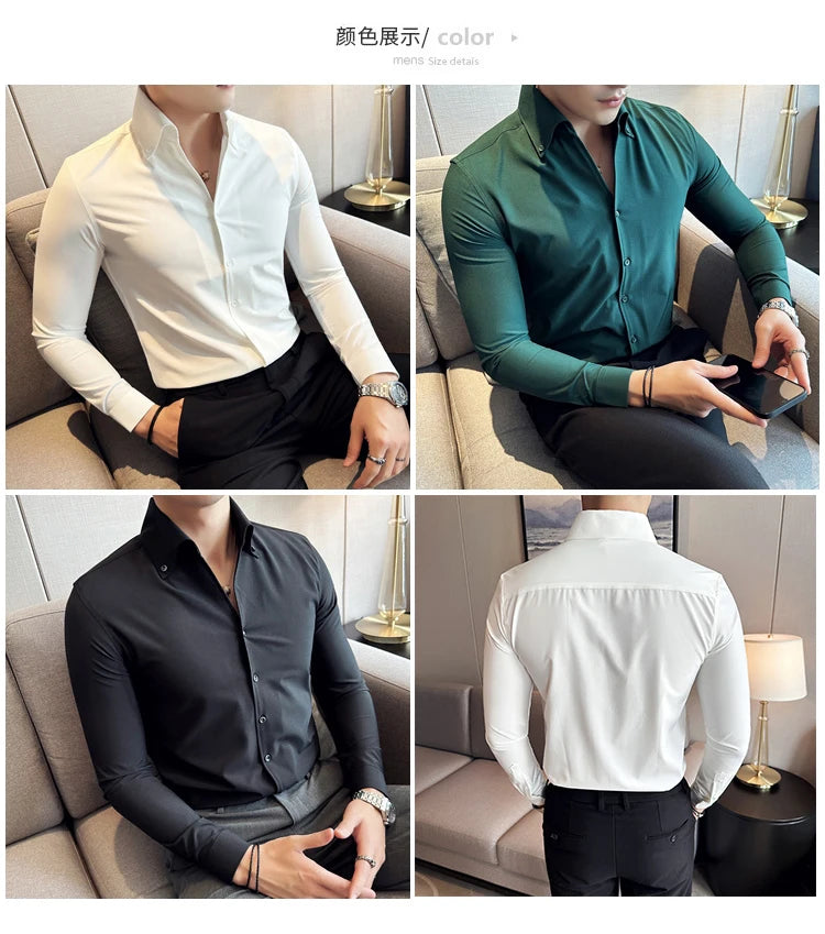 Men Dress Shirt 2024 Autumn British Style Solid Casual Slim Fit Formal Camisas V-neck Long Sleeves Shirt Streetwear Men Clothing