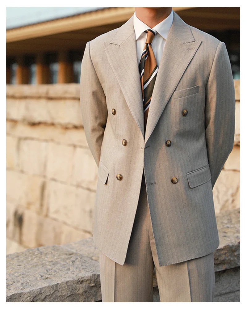 Stripe Suit Men Versatile Fashion Gentleman's Double Breasted Italian Lapel Coat Formal Wedding Groom Business Men Tuxedo Suit