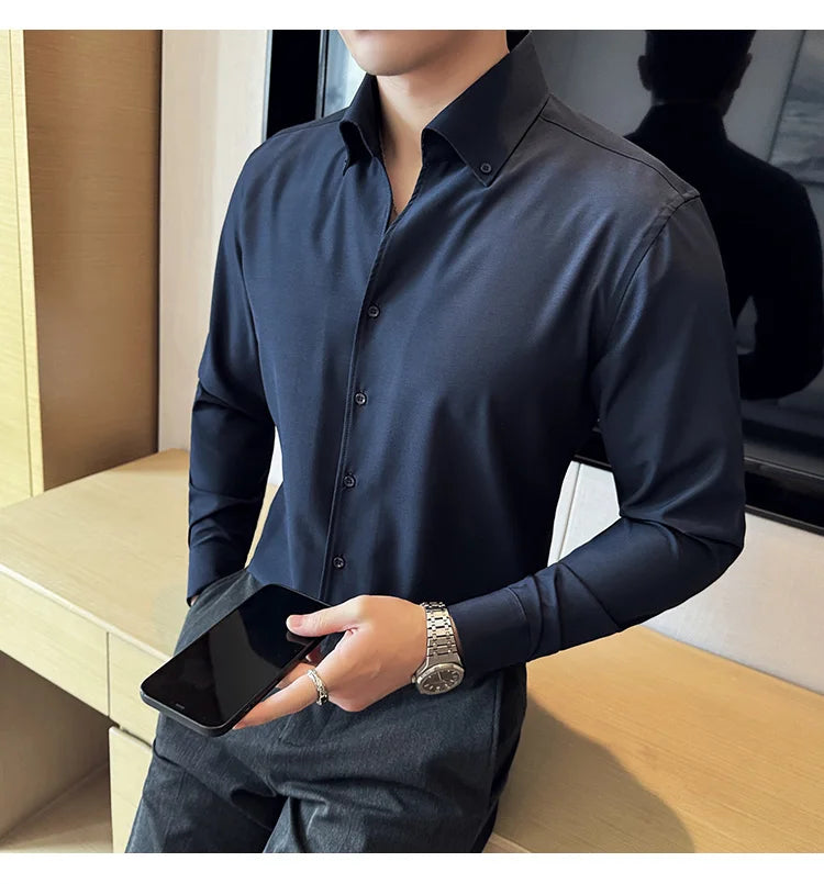 Men Dress Shirt 2024 Autumn British Style Solid Casual Slim Fit Formal Camisas V-neck Long Sleeves Shirt Streetwear Men Clothing