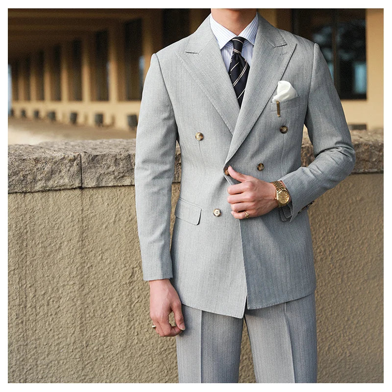 Stripe Suit Men Versatile Fashion Gentleman's Double Breasted Italian Lapel Coat Formal Wedding Groom Business Men Tuxedo Suit
