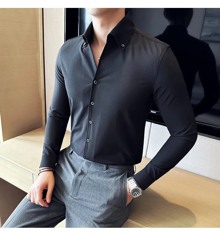 Men Dress Shirt 2024 Autumn British Style Solid Casual Slim Fit Formal Camisas V-neck Long Sleeves Shirt Streetwear Men Clothing