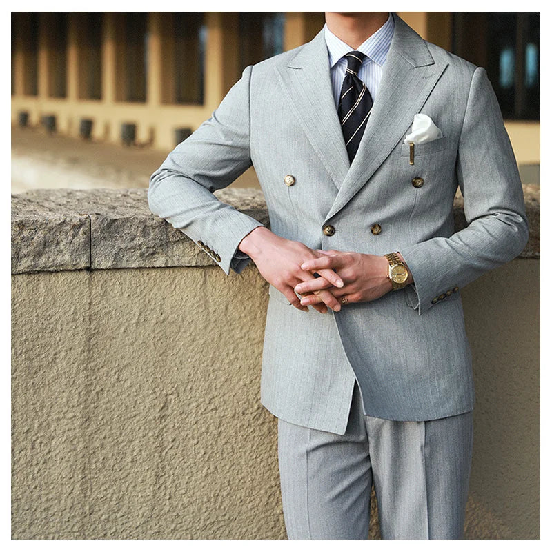 Stripe Suit Men Versatile Fashion Gentleman's Double Breasted Italian Lapel Coat Formal Wedding Groom Business Men Tuxedo Suit
