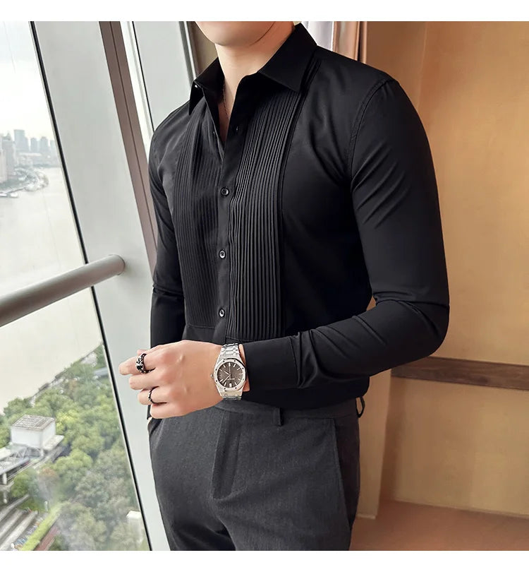 Groom Wedding Party Dress Shirt Men's Fashion Pleated Design Slim Fit Shirt Men Formal Long Sleeved Social Business Tailcoat