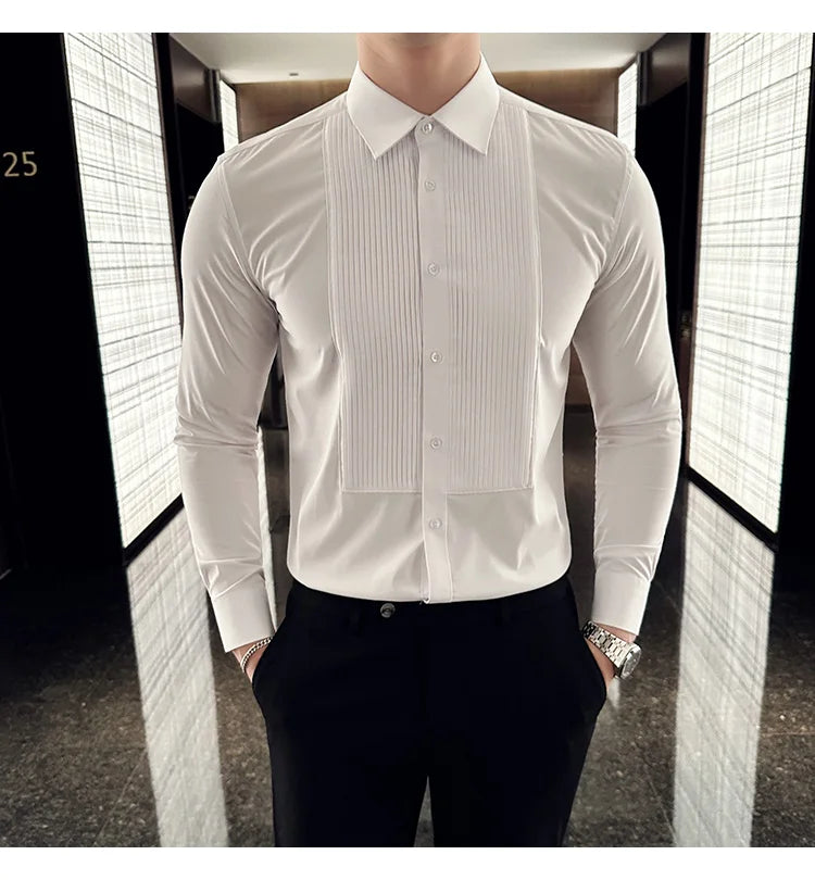 Groom Wedding Party Dress Shirt Men's Fashion Pleated Design Slim Fit Shirt Men Formal Long Sleeved Social Business Tailcoat