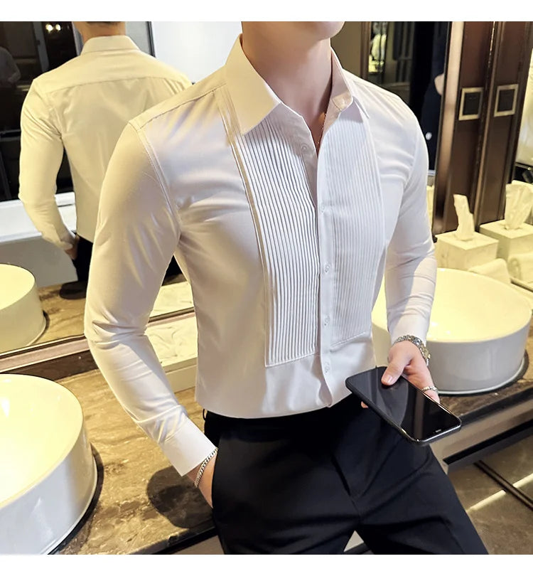 Groom Wedding Party Dress Shirt Men's Fashion Pleated Design Slim Fit Shirt Men Formal Long Sleeved Social Business Tailcoat