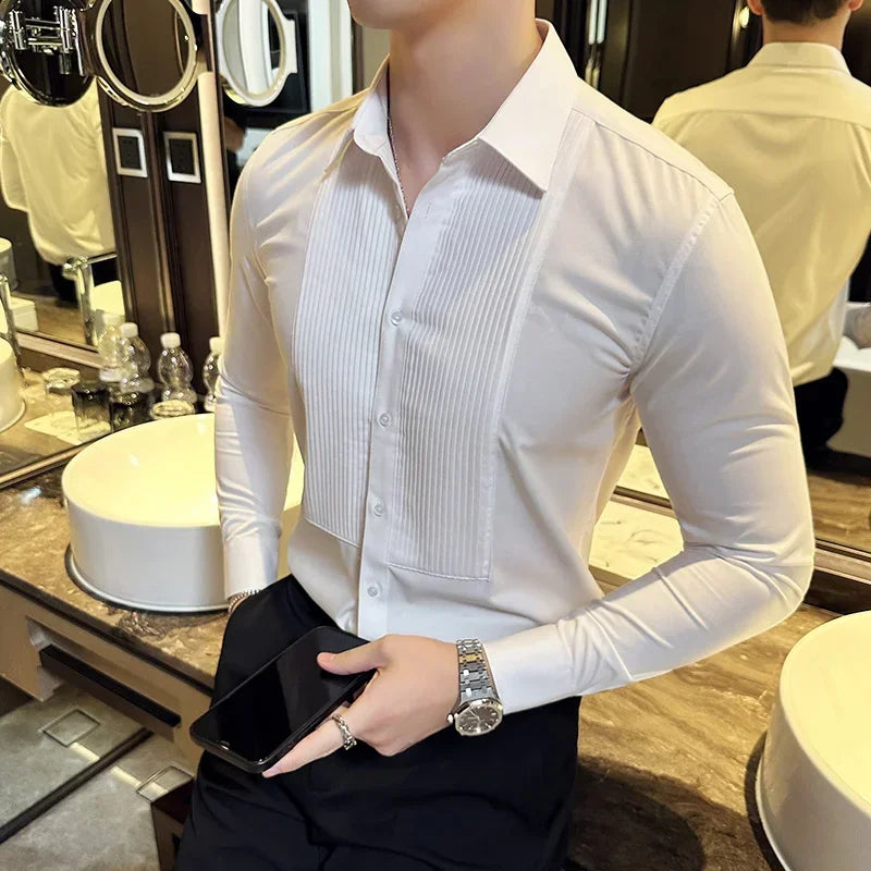 Groom Wedding Party Dress Shirt Men's Fashion Pleated Design Slim Fit Shirt Men Formal Long Sleeved Social Business Tailcoat