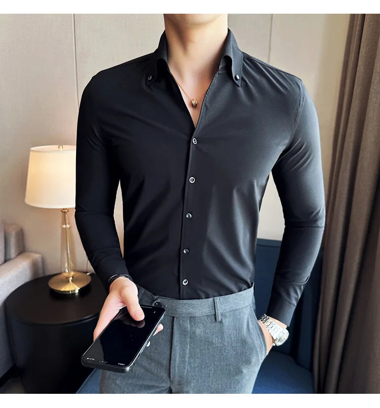 Men Dress Shirt 2024 Autumn British Style Solid Casual Slim Fit Formal Camisas V-neck Long Sleeves Shirt Streetwear Men Clothing