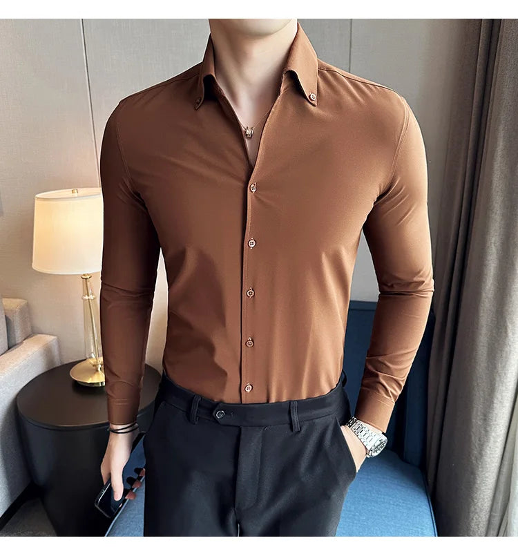 Men Dress Shirt 2024 Autumn British Style Solid Casual Slim Fit Formal Camisas V-neck Long Sleeves Shirt Streetwear Men Clothing
