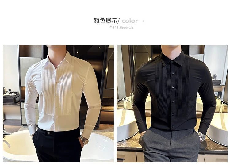 Groom Wedding Party Dress Shirt Men's Fashion Pleated Design Slim Fit Shirt Men Formal Long Sleeved Social Business Tailcoat
