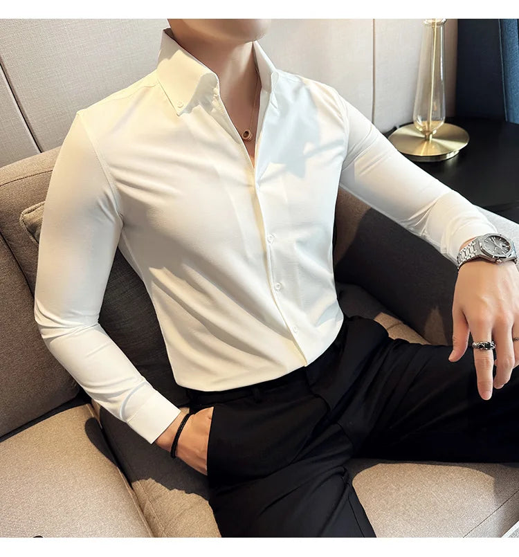 Men Dress Shirt 2024 Autumn British Style Solid Casual Slim Fit Formal Camisas V-neck Long Sleeves Shirt Streetwear Men Clothing