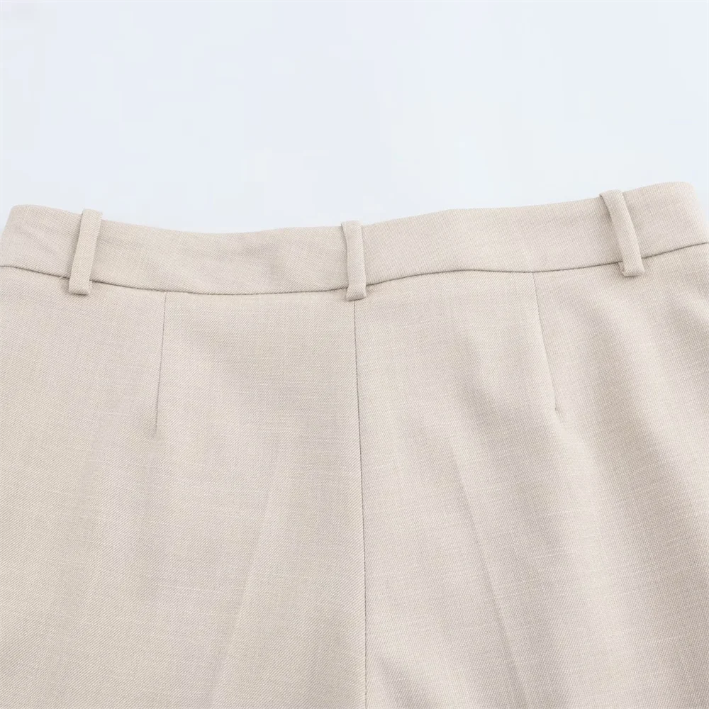 Women's Beige Double-Breasted Blazer Suit with Wide-Leg Trousers Casual High-Waisted Polyester Pant Set for Polished Look