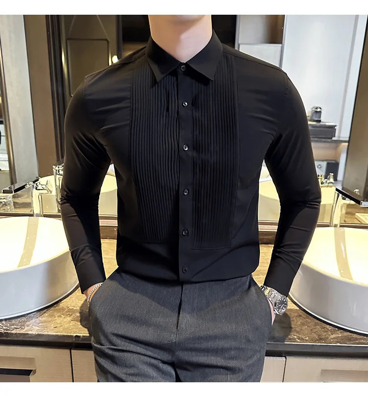 Groom Wedding Party Dress Shirt Men's Fashion Pleated Design Slim Fit Shirt Men Formal Long Sleeved Social Business Tailcoat