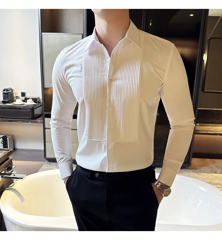 Groom Wedding Party Dress Shirt Men's Fashion Pleated Design Slim Fit Shirt Men Formal Long Sleeved Social Business Tailcoat