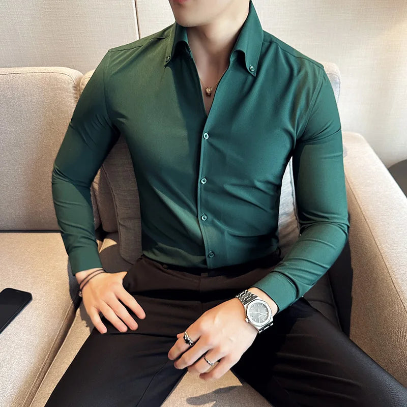 Men Dress Shirt 2024 Autumn British Style Solid Casual Slim Fit Formal Camisas V-neck Long Sleeves Shirt Streetwear Men Clothing
