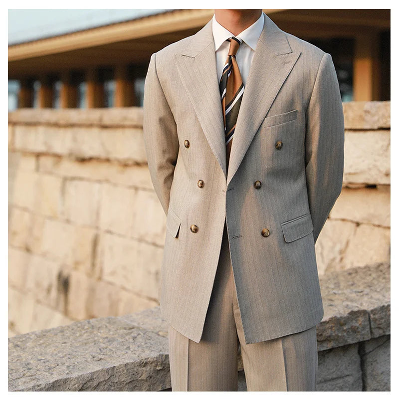 Stripe Suit Men Versatile Fashion Gentleman's Double Breasted Italian Lapel Coat Formal Wedding Groom Business Men Tuxedo Suit