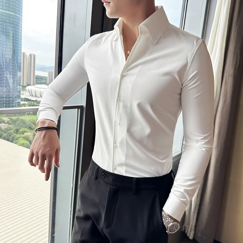 Men Dress Shirt 2024 Autumn British Style Solid Casual Slim Fit Formal Camisas V-neck Long Sleeves Shirt Streetwear Men Clothing