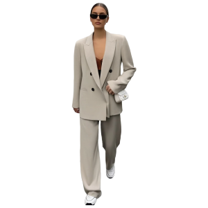 Women's Beige Double-Breasted Blazer Suit with Wide-Leg Trousers Casual High-Waisted Polyester Pant Set for Polished Look