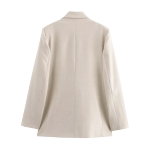 Women's Beige Double-Breasted Blazer Suit with Wide-Leg Trousers Casual High-Waisted Polyester Pant Set for Polished Look