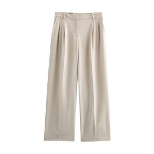 Women's Beige Double-Breasted Blazer Suit with Wide-Leg Trousers Casual High-Waisted Polyester Pant Set for Polished Look