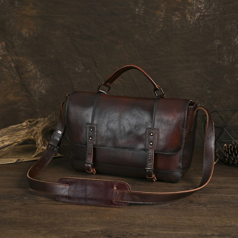 Vintage-Inspired Genuine Leather Messenger Bag for Men & Women - Large Capacity, Adjustable Strap, Zip Closure - Perfect for Work & Casual Use - Coffee/Red