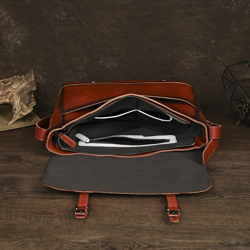 Vintage-Inspired Genuine Leather Messenger Bag for Men & Women - Large Capacity, Adjustable Strap, Zip Closure - Perfect for Work & Casual Use - Coffee/Red