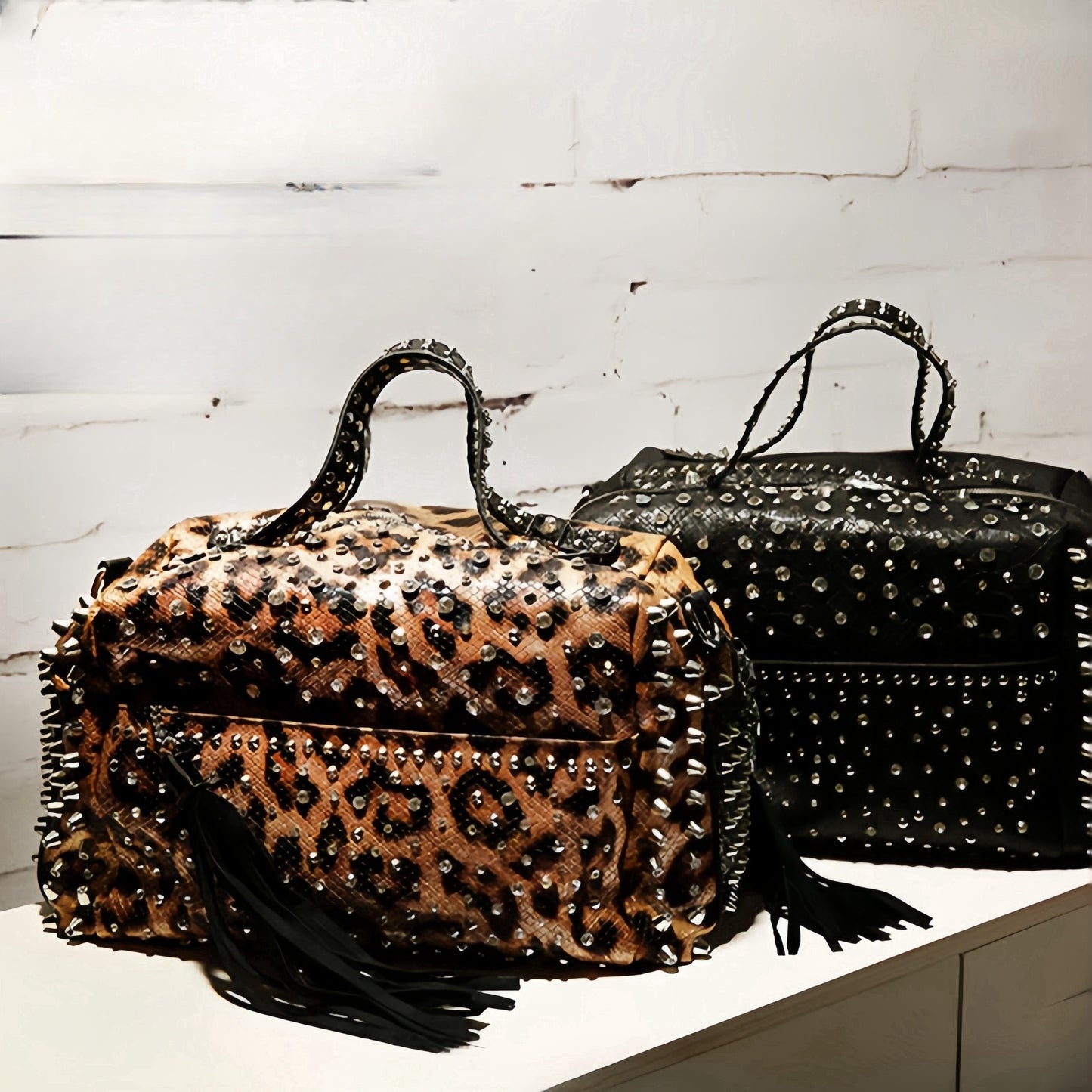 Chic Leopard Print Tote with Rhinestone & Rivet Accents - Adjustable Strap, Zip Closure, Faux Leather Shoulder Bag for Women