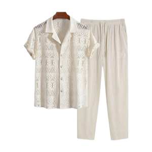 Men's Camp Collar Geometric Pointelle Knit Openwork Short Sleeves Shirt and Linen Straight Leg Drawstring Casual Pants Set