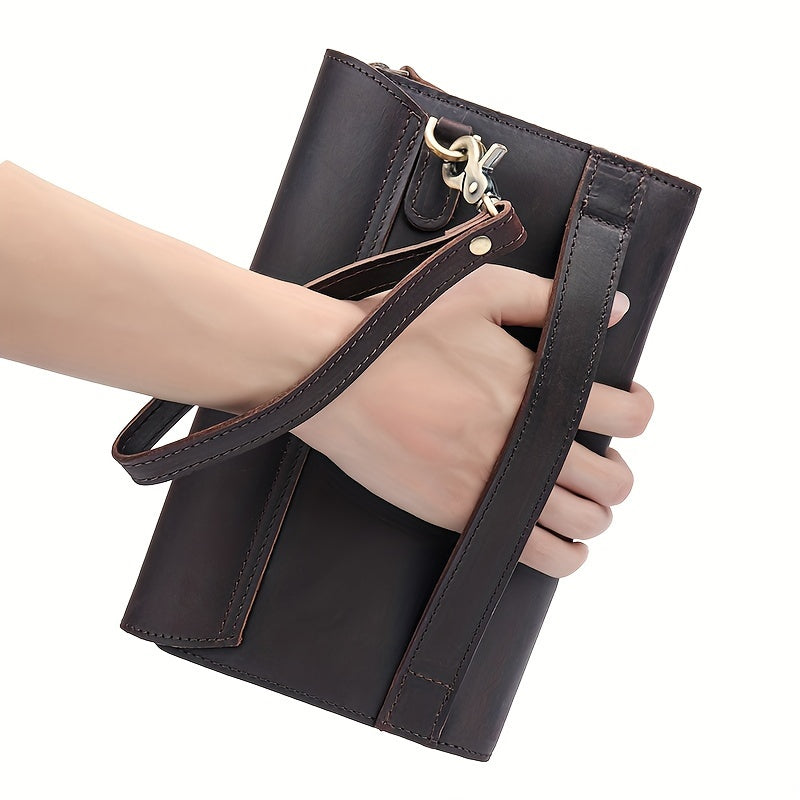 Vintage-Inspired Men's Genuine Leather Clutch - Crazy Horse Leather, Multi-Function Wallet in Deep Brown