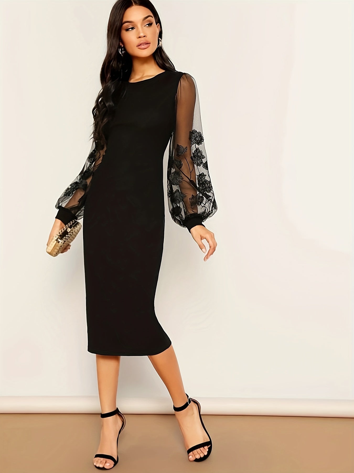 Contrast Lace Crew Neck Dress, Elegant Long Sleeve Dress For Spring & Fall, Women's Clothing