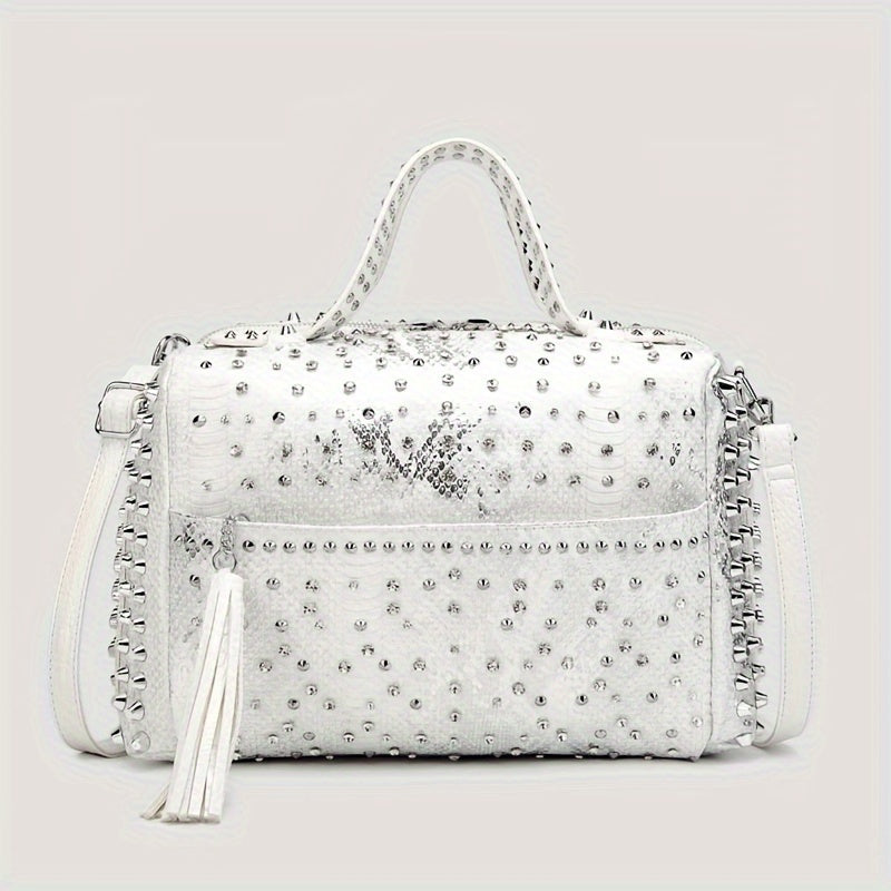 Chic Leopard Print Tote with Rhinestone & Rivet Accents - Adjustable Strap, Zip Closure, Faux Leather Shoulder Bag for Women