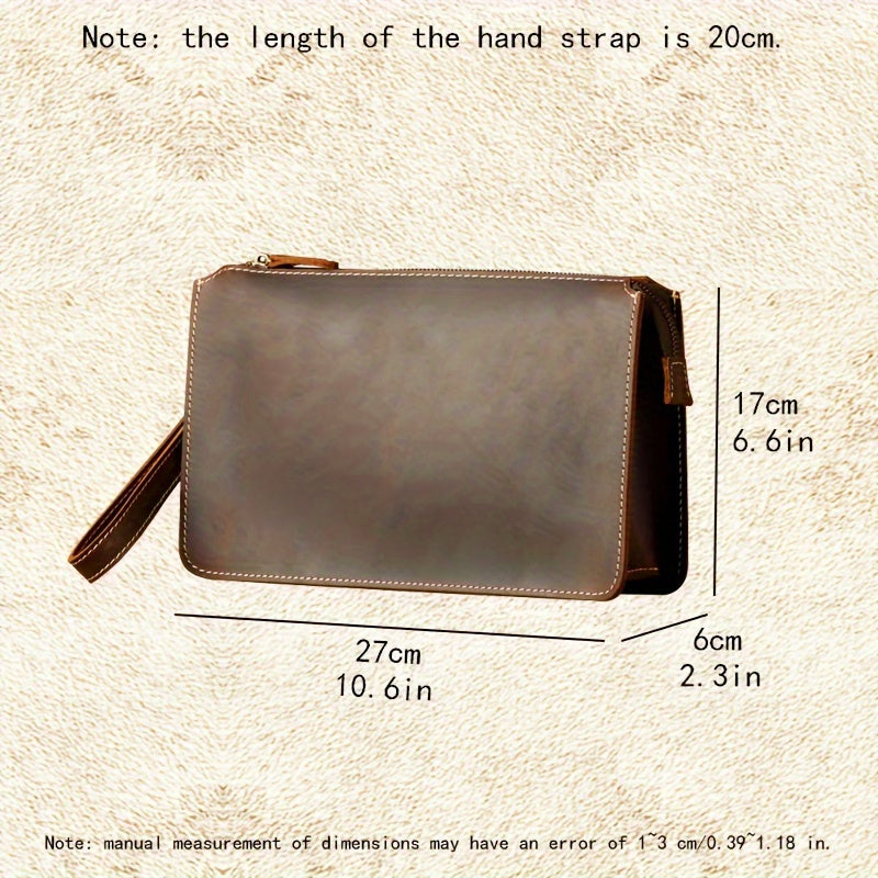 Men's Premium Top Grain Cowhide Clutch - Vintage Style, Casual Envelope Wallet with Zipper, Repairable Scratches