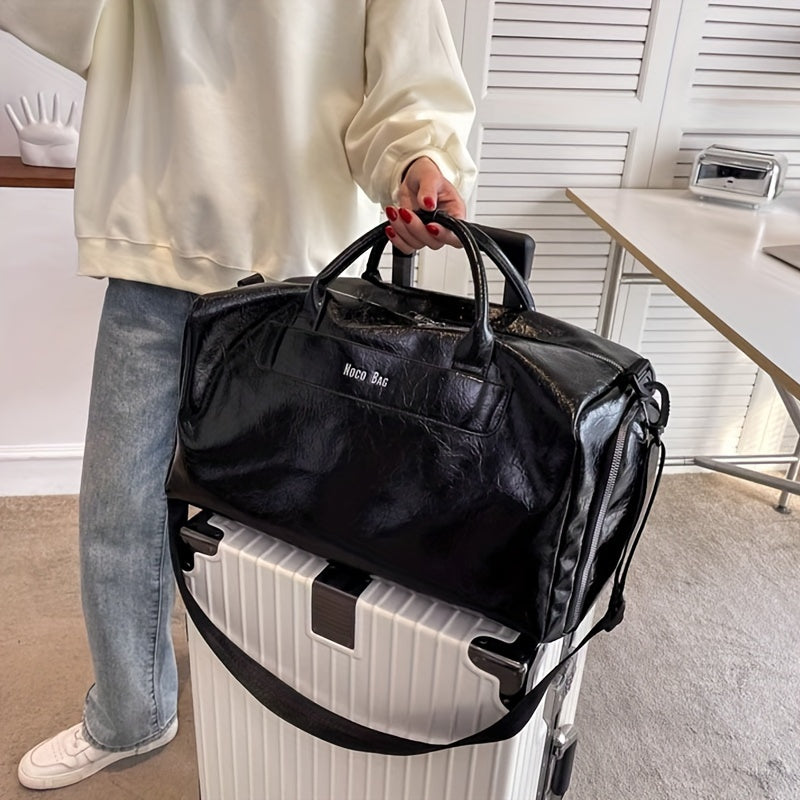 Large Capacity Leather Gym Bag, Waterproof Travel Storage Duffel, Women's Handheld Short-Trip Luggage, Men's Swim Fitness Bag, PU Material, Solid Color, Zip Closure, Universal Fit, Water-Resistant Fabric