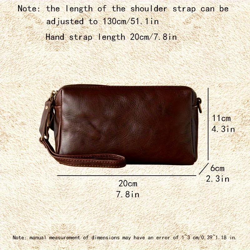 Double Zipper Layers Pleated Texture Basic Fashionable Slant Shoulder Bag For Men Women, Retro Classic Top Grain Cowhide Handbag Wristlet, Minimalist Phone Pack
