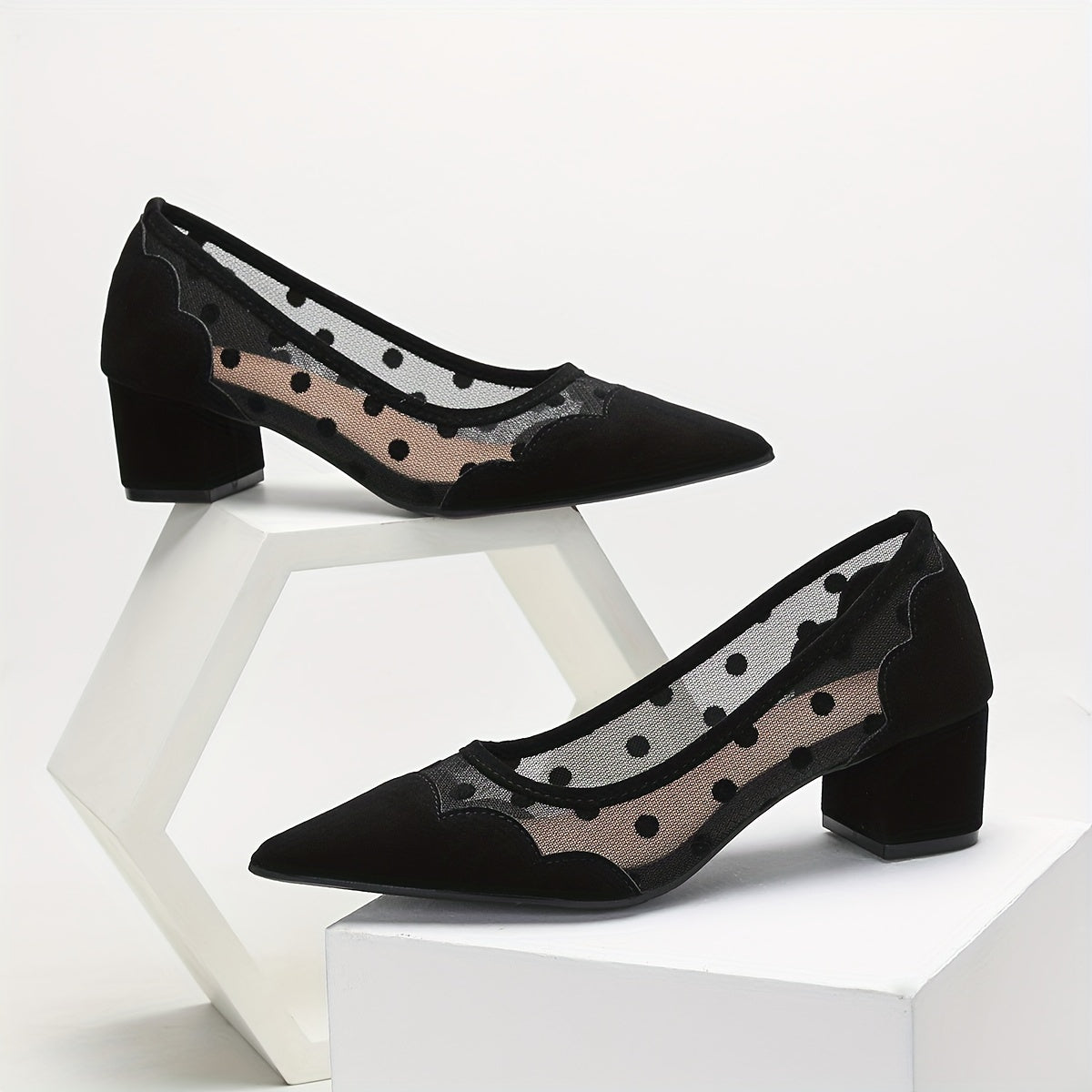 Women's Elegant Pumps, Polka Dots Mesh Pointed Toe Chunky Low Heels, Fashion Breathable Slip On Shoes