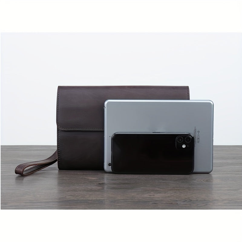 Vintage-Inspired Men's Genuine Leather Clutch - Crazy Horse Leather, Multi-Function Wallet in Deep Brown