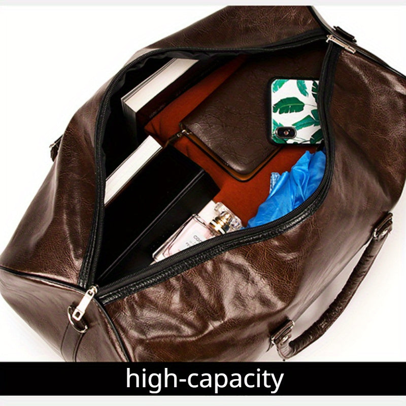 Large Capacity Faux Leather Duffel Bag - Multi-Functional Sports & Fitness Carry-On, Business & Leisure Travel Luggage with Shoulder Strap, Dark Brown - Sturdy & Water-Resistant