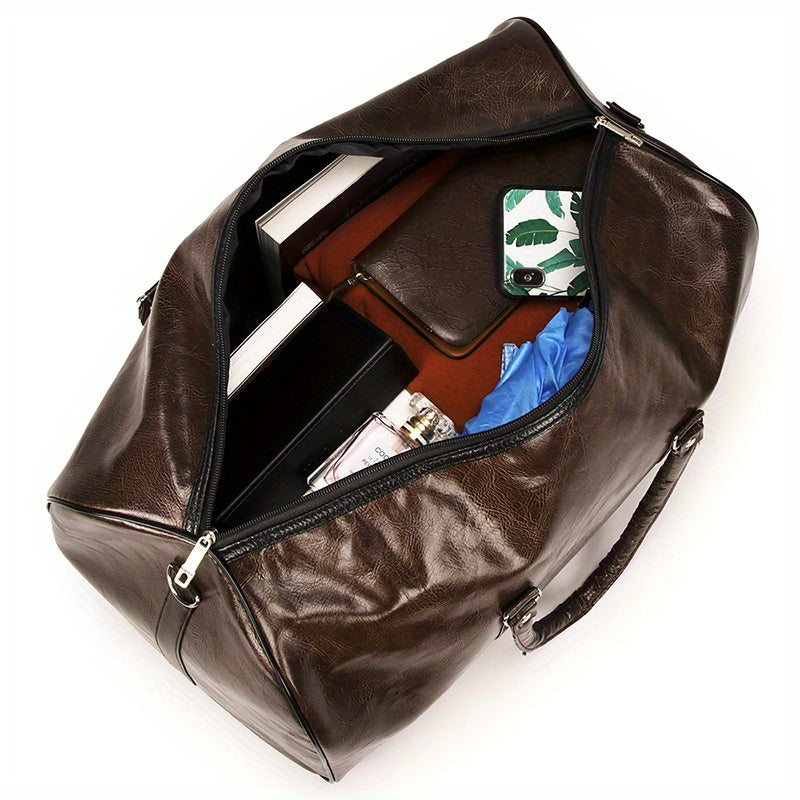 Large Capacity Faux Leather Duffel Bag - Multi-Functional Sports & Fitness Carry-On, Business & Leisure Travel Luggage with Shoulder Strap, Dark Brown - Sturdy & Water-Resistant