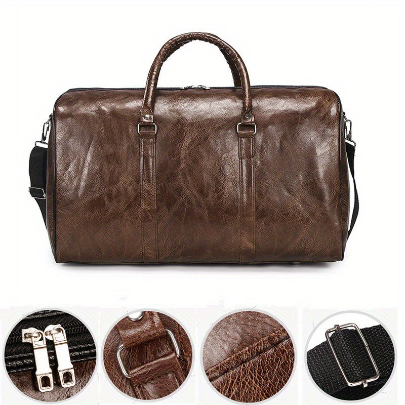 Large Capacity Faux Leather Duffel Bag - Multi-Functional Sports & Fitness Carry-On, Business & Leisure Travel Luggage with Shoulder Strap, Dark Brown - Sturdy & Water-Resistant