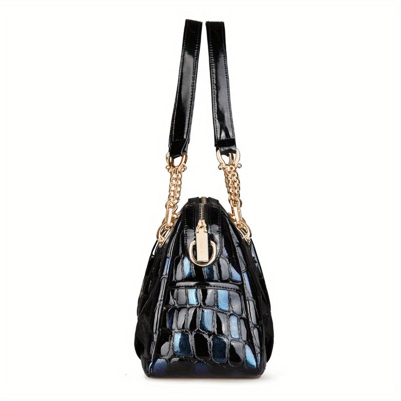Chic Navy Blue Genuine Faux Leather Shoulder Bag for Women - Spacious, Color-Shifting with Floral Pattern, Polyester Lined, Zip Closure