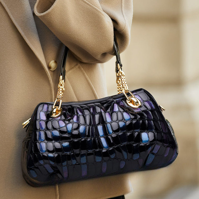 Chic Navy Blue Genuine Faux Leather Shoulder Bag for Women - Spacious, Color-Shifting with Floral Pattern, Polyester Lined, Zip Closure