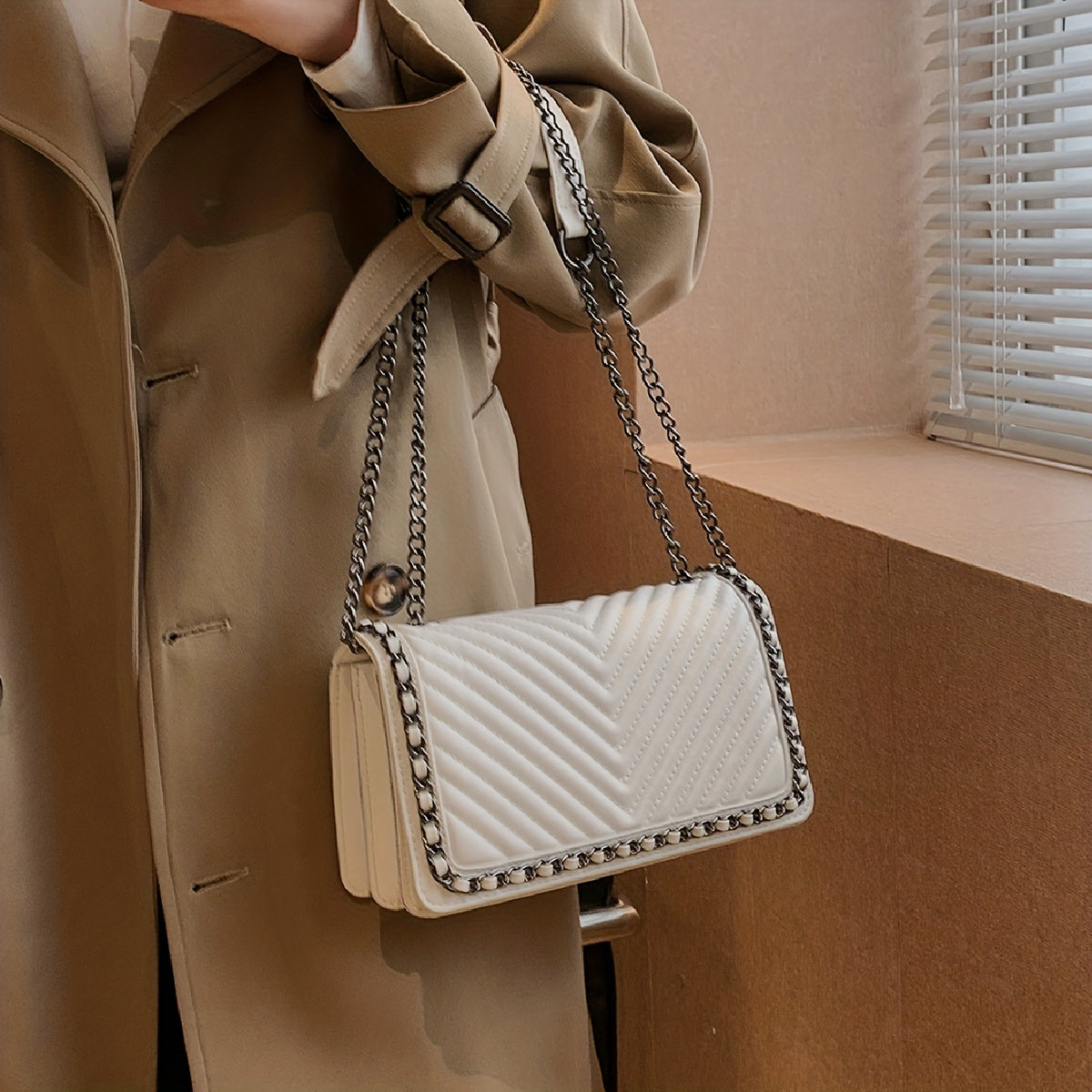 Metal Chain Crossbody Bag, PU Leather Textured Underarm Bag Purse, Classic Versatile Fashion Baguette Bag