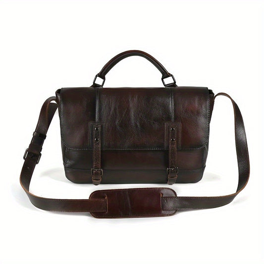 Vintage-Inspired Genuine Leather Messenger Bag for Men & Women - Large Capacity, Adjustable Strap, Zip Closure - Perfect for Work & Casual Use - Coffee/Red