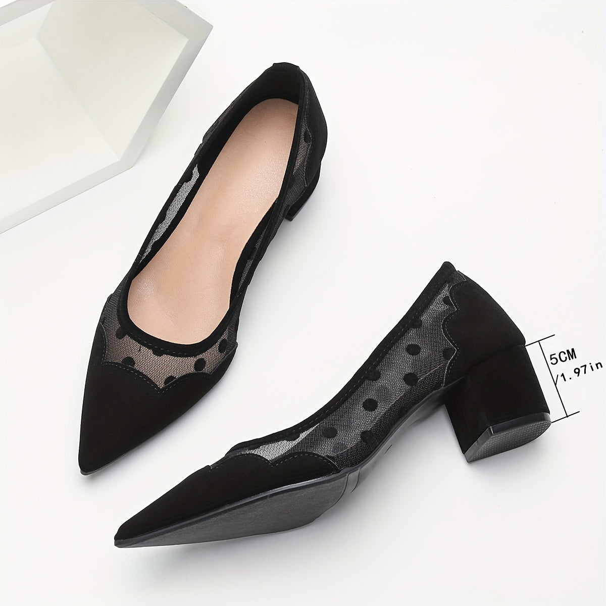 Women's Elegant Pumps, Polka Dots Mesh Pointed Toe Chunky Low Heels, Fashion Breathable Slip On Shoes