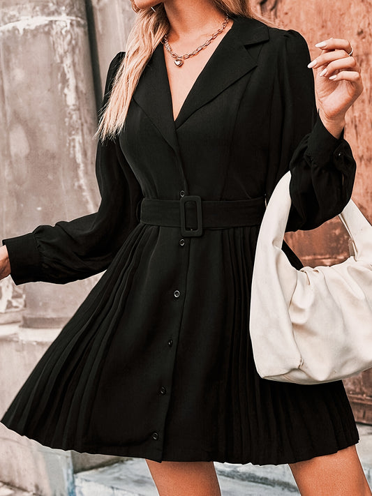 Single Breasted Pleated Belted Dress, Elegant Lantern Sleeve Shawl Collared Aline Dress For Spring & Fall, Women's Clothing