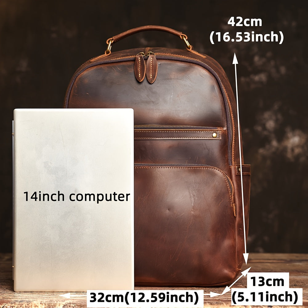 Premium Genuine Leather Men's Backpack - Large Capacity, Dual-Layer Zipper Pockets for Easy Access, Fits 35.56cm Laptop, Water-Resistant & Scratch-Resistant, Perfect for Travel & Work,