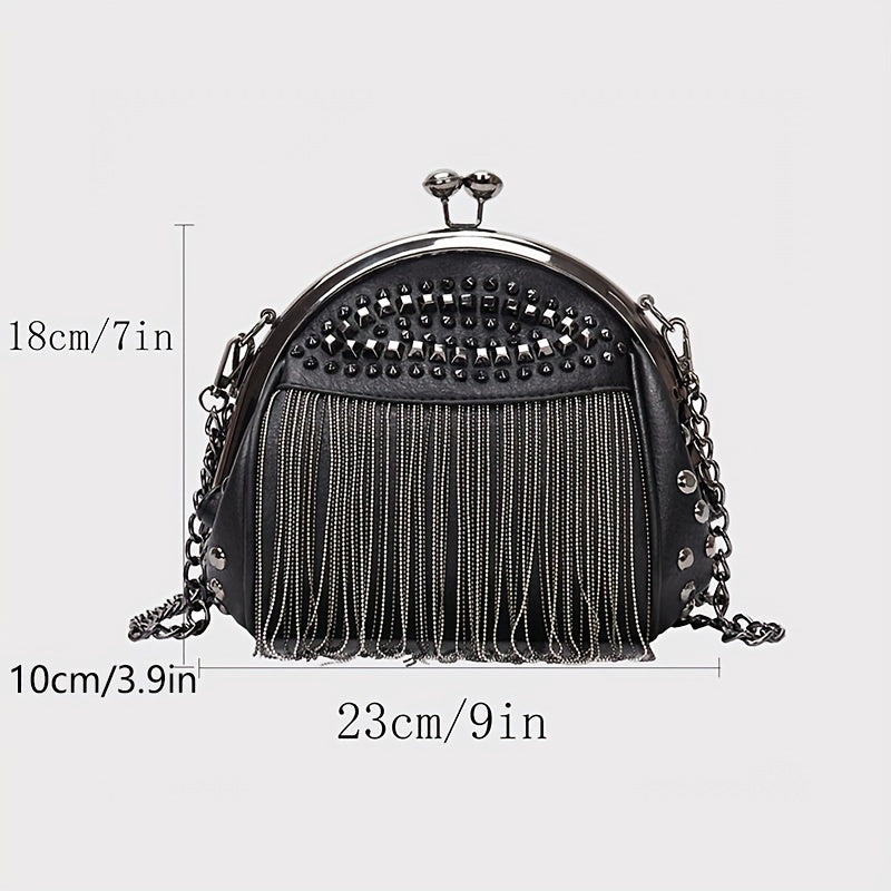 Chic Kiss-Lock Messenger Bag for Women – Stylish Rivet & Tassel Detail, Durable Polyester Lining, Versatile Occasion Accessory