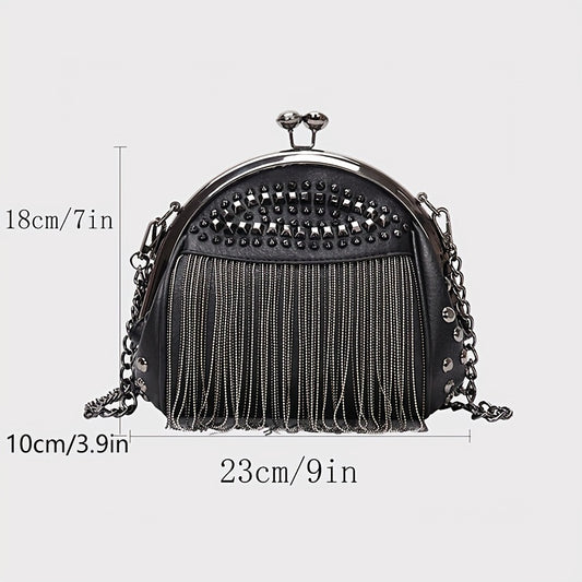 Chic Kiss-Lock Messenger Bag for Women – Stylish Rivet & Tassel Detail, Durable Polyester Lining, Versatile Occasion Accessory