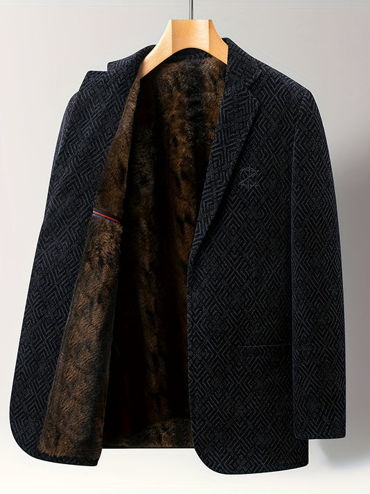 Men's Casual Polyester Blazer with Lapel Collar and Fabric Color Block Pattern - Regular Fit Long Sleeve Buttoned Jacket with Non-Stretch Woven Material for Weekend Casual, Fall/Winter Collection