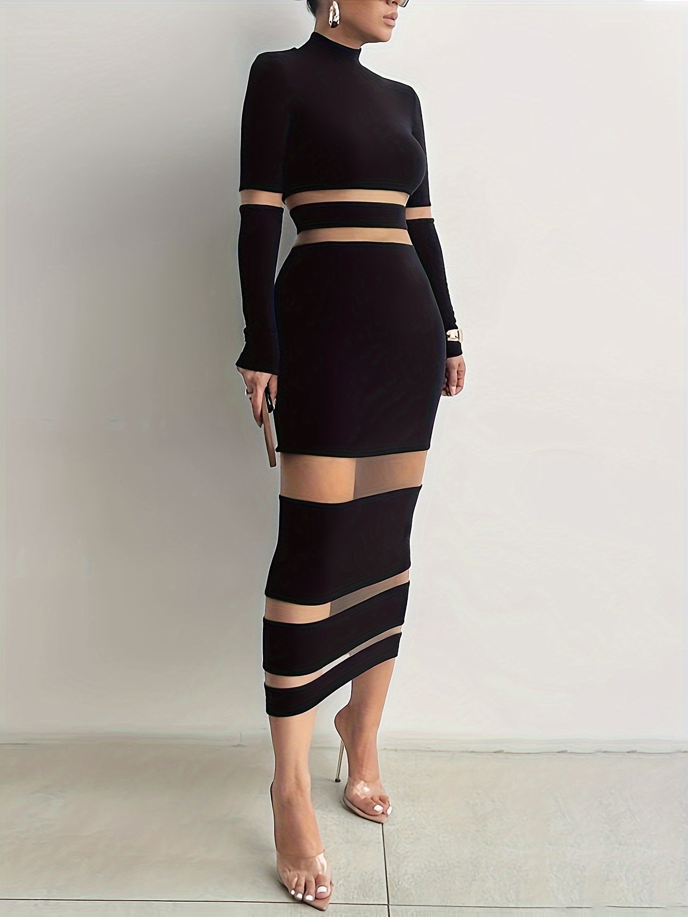 Solid Mesh Splicing Mock Neck Dress, Elegant Long Sleeve Slim Dress For Spring & Fall, Women's Clothing